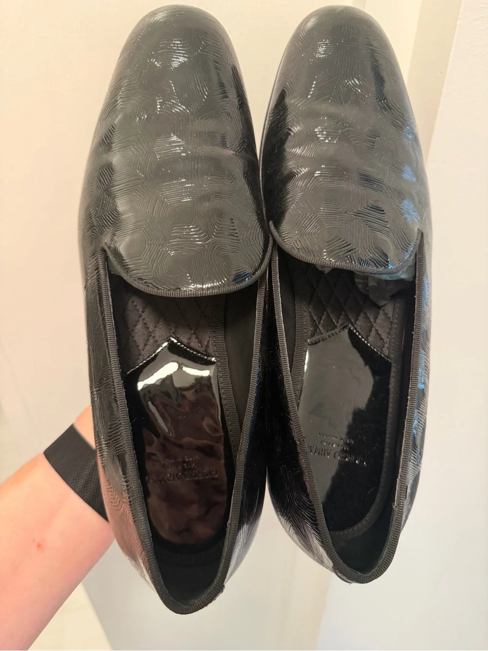 Giorgio Armani Black Patent Textured Slip-On Loafers